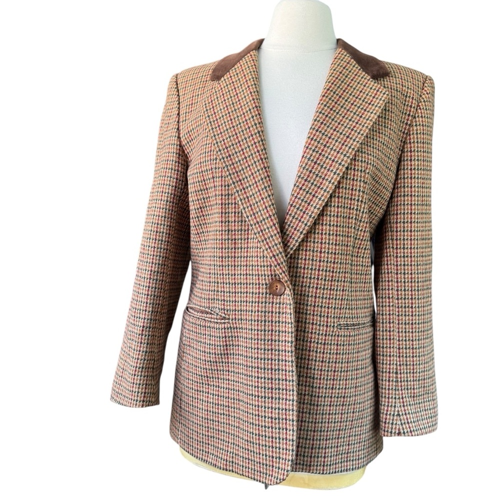VTG 90's Blazer Wool Houndstooth Tweed One Button Womens Sz 10 Petite Leslie Fay